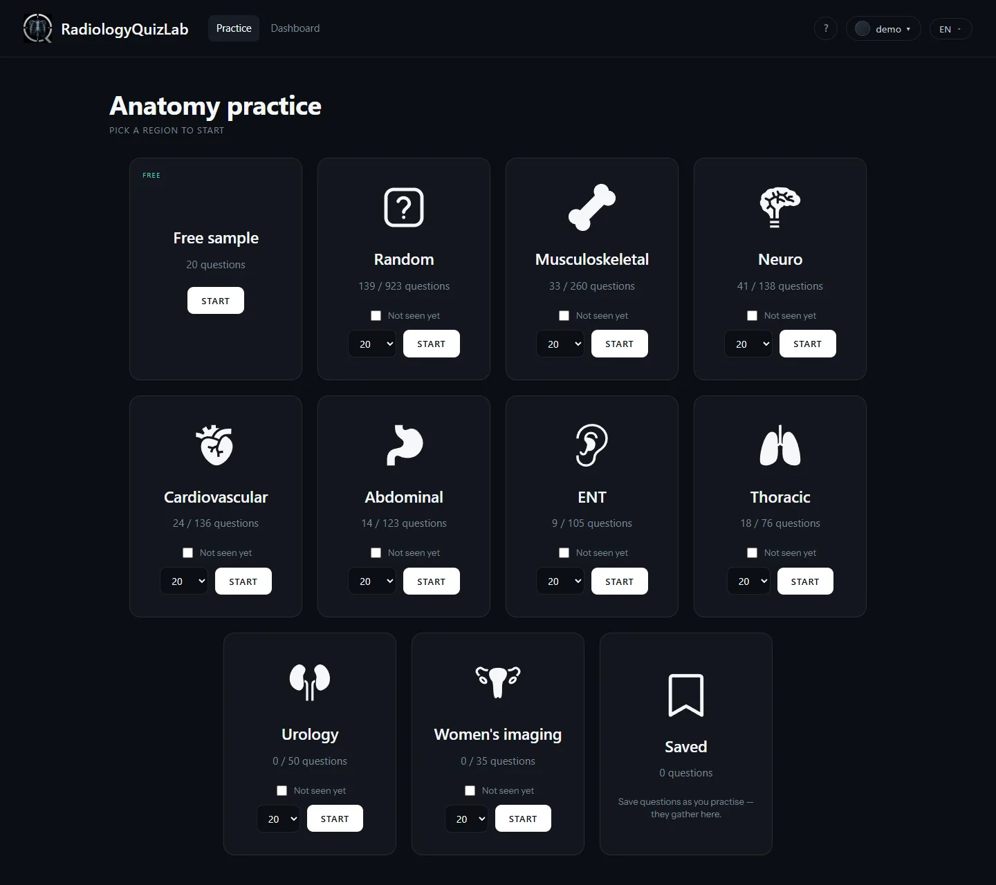 The practice screen: one card per anatomical region, each showing how many questions have been answered.