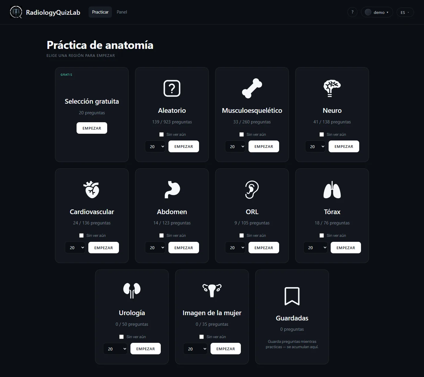 La pantalla de práctica: una tarjeta por región anatómica, cada una con el número de preguntas ya trabajadas.