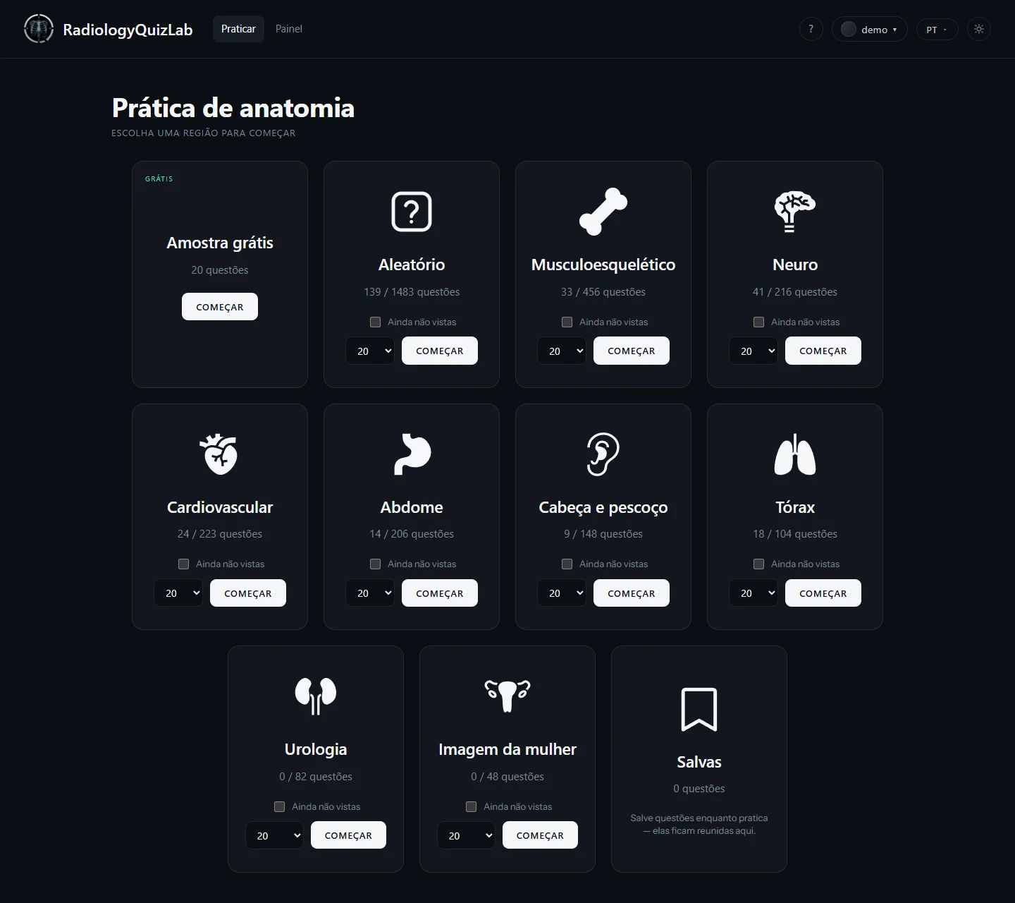 A tela de prática: um cartão por região anatômica, cada um mostrando quantas questões já foram respondidas.